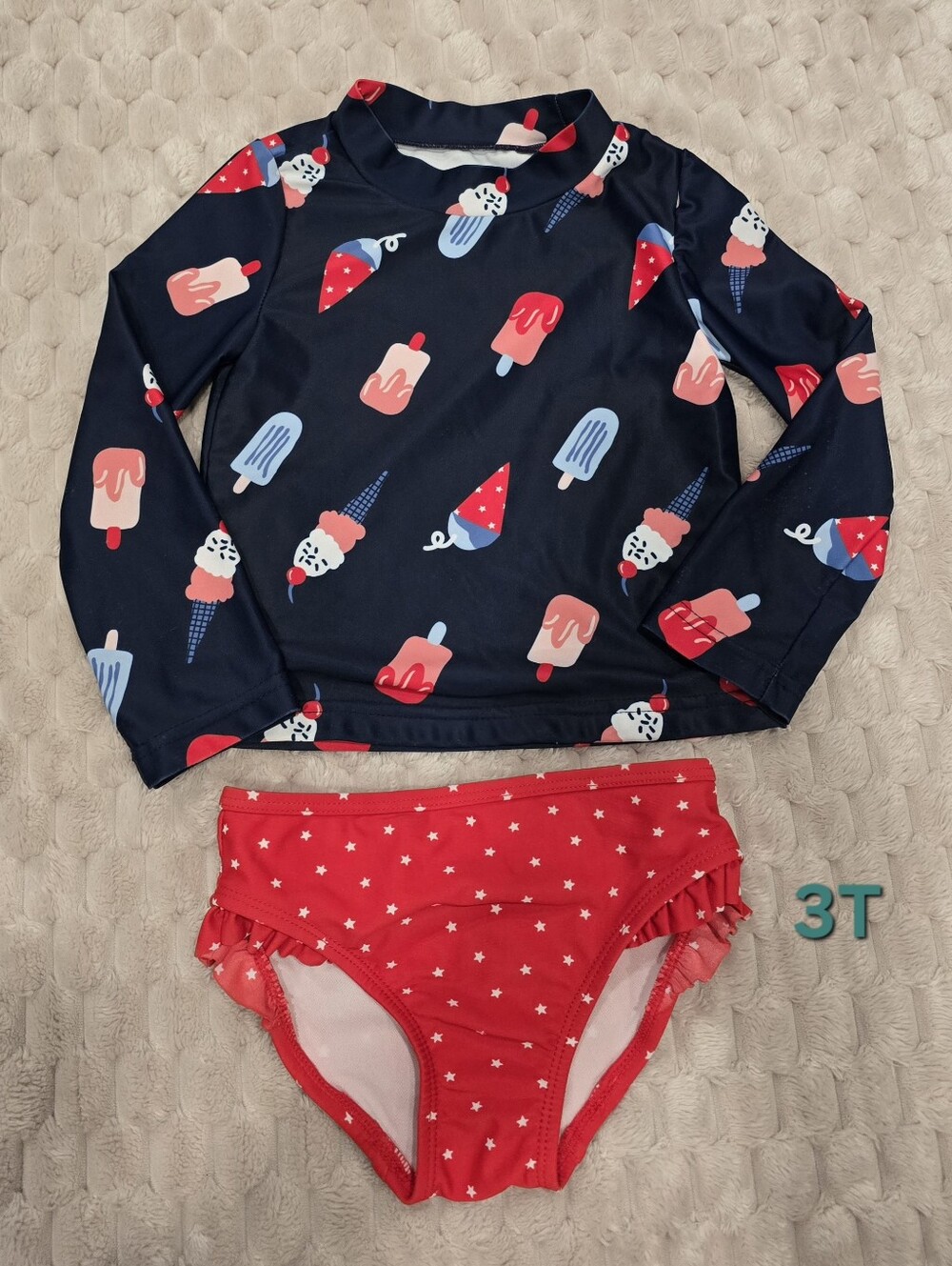 Kids Navy Ice Cream Rash Guard Swim Set with Red Star Bikini Bottom
